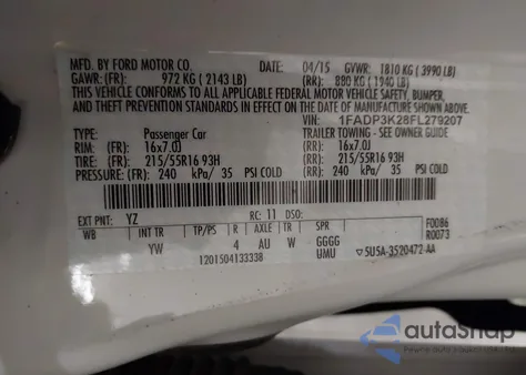 2015 Ford Focus Se z USA, uszkodzony, nr VIN 1FADP3K28FL279207